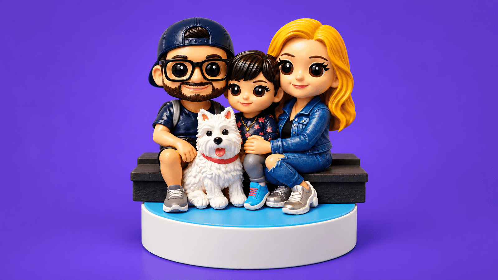 Figura 3D de una familia junto a su mascota, figura personalizada en resina