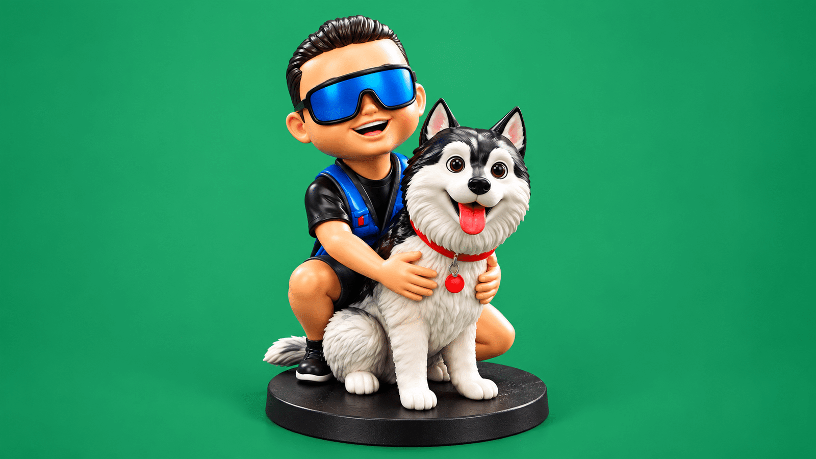 Figura 3D de un niño abrazando a su perro husky, figura personalizada con mascota