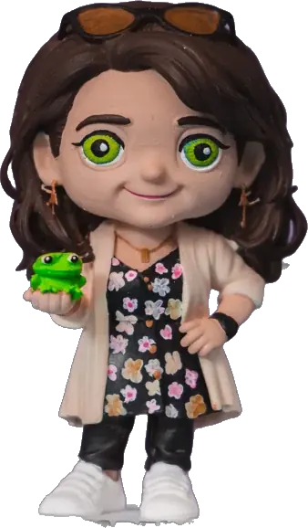 Figura de resina pintada a mano: chica con vestido de flores y una rana