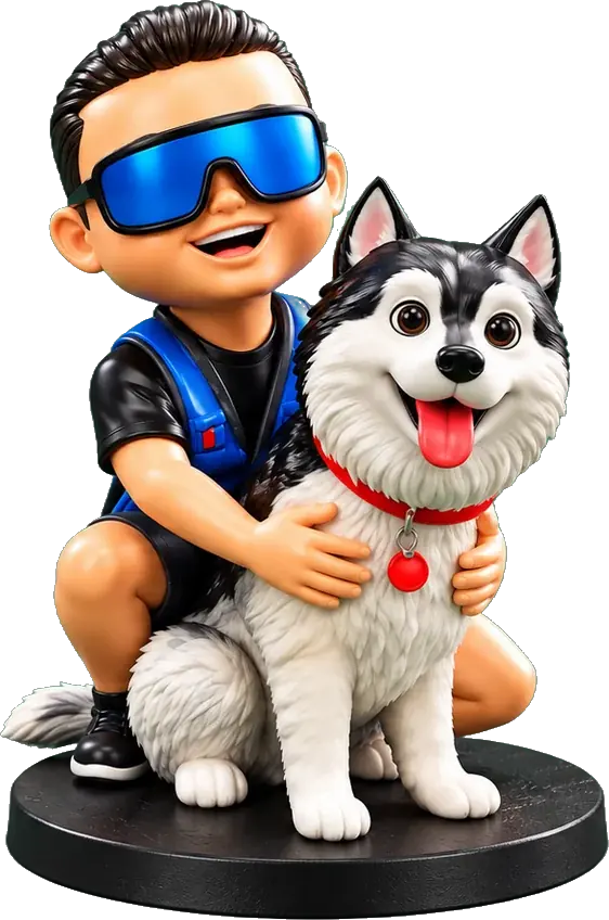 Figura 3D personalizada de un hombre con lentes de esquí abrazando a su husky