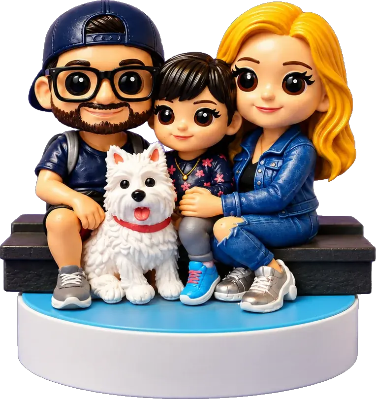 Figura 3D personalizada de una familia en una banca con su hija y su perro blanco